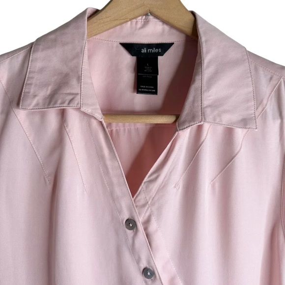 Ali Miles Wrap Blouse Asymmetric Buttons Roll Tab Sleeves Pink Size Large - Picture 5 of 11